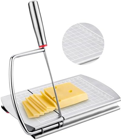 Cortadora de Queso, Tabla Cortadora de Queso de Acero Inoxidable con Cuchilla Cortadora de Mantequilla Multiusos para Alimentos Escala de Tamaño Preciso para Bloque de Queso Salchicha y Jamón
