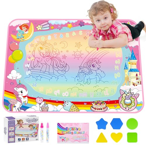 Einhorn Aqua Wassermalmatte Doodle, Spielzeug ab 1 2 3 Jahre Mädchen Geschenk Mädchen 1 2 3 Jahre Einhorn Malmatte mit Wasserstift Kinderspielzeug ab 2 Jahre Wasser Graffiti Matte(31 x 23,6 Zoll)
