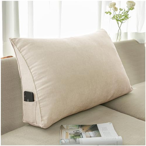 ZTGL Sleepling Rückenkissen Keilkissen für Bett und Sofa, Comfortable Lendenkissen, Dreieckiges Lesekissen, Kissen mit Abnehmbarem Waschbarem Bezug, Seitenfach,Beige,120x20x50cm