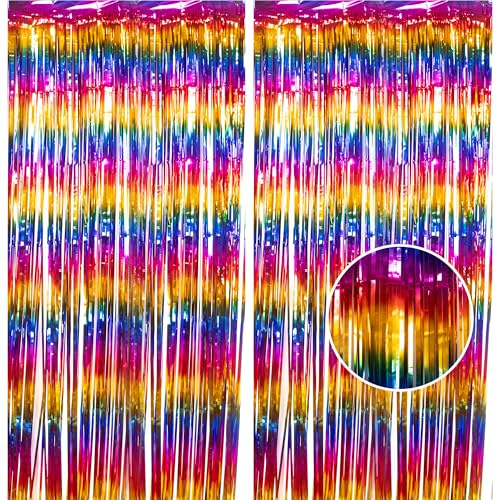 Lametta Vorhang Bunt Glitzer, 2 Stück 1x 2.5m Metallischer Glitzervorhang Geburtstag Regenbogen Deko Folien Fransen Vorhänge Tinsel Curtains für Carnival Party Festivals Bühnendekor