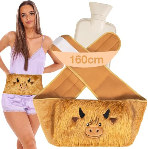 K Collection Extra Long 160 cm Hot Water Bottle Belt with Plush Waist Cover for Targeted Neck, Shoulder, Back, and Leg Warmth – Adjustable, 1 Litre Capacity, Safe & Cozy - Highland Cow Designs