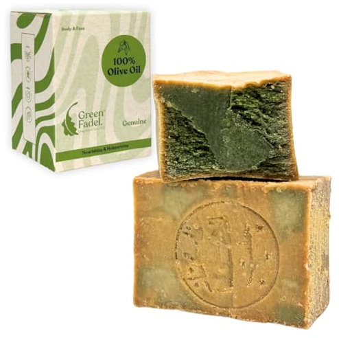 GREEN FADEL Sapone di Aleppo Originale, 100% Olio d'Oliva, 1 x ca. 200g (Genuine) Sapone all'Olio d'Oliva, Naturale, Fatto a Mano, Vegano, per Viso e Corpo