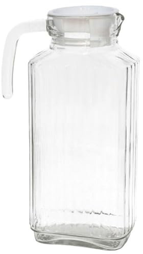 Tradineur - Jarra de vidrio para servir agua, bebidas frías, limonada, frigorífico, nevera, cocina (Tapa blanca - 1800 ml - 25,5 x 8,5 x 15,5 cm)
