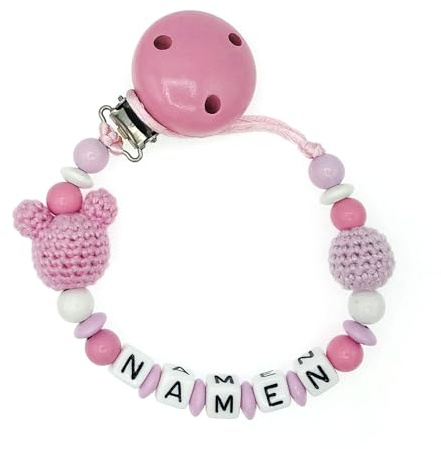Nuckelkette mit Namen  MAUS  Babyrosa Rosa Weiß/Baby/Unisex/Personalisiert/HANDMADE