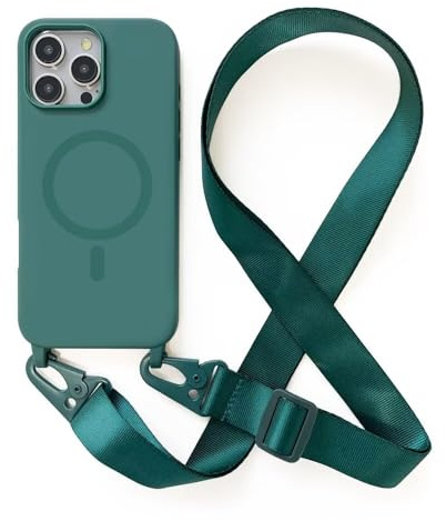 Leather Armor Handykette Hülle für iPhone 16 Pro(6.1) mit Band Halsband Lanyard (abnehmbar) Handyhülle, Verstellbarer Lanyard.Magnetisch Stoßfest Silikonhülle Wireless Charging kompatibel .-Grün