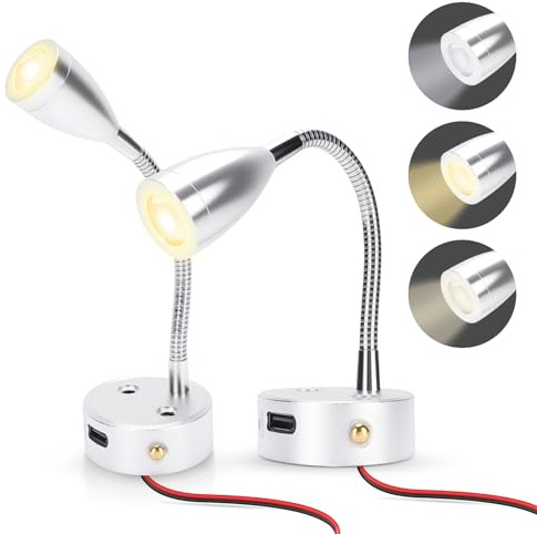 WODHMIEY 12V 24V LED Reading Light with Adjustable Gooseneck and 3 Color Temperatures, Touch Control, USB Output, Flexible LED Lamp for Camping, Vehicle Interior, Home Office, and Emergency Lighting