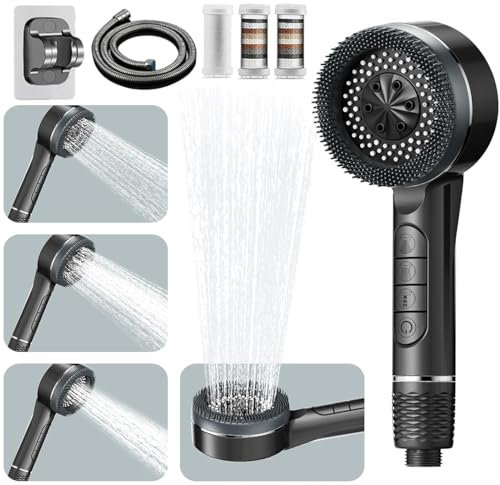 High Pressure Shower Heads,with 15 Stage Filter,1.5M Shower Hose and Shower Stand,4 Spray Jet Modes High Pressure Bathroom Shower Head, with Pause Switch, Massage Water Saving Large Shower(Grey)