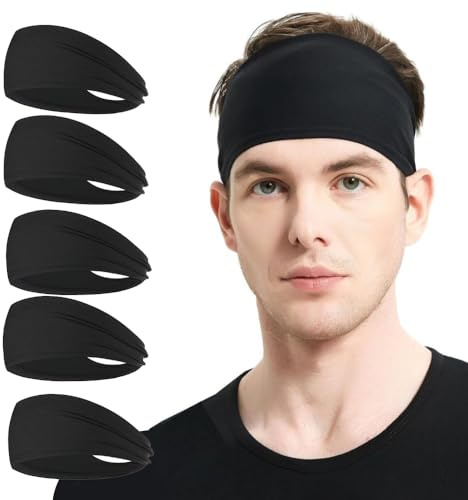 5 Pack Men's Sports Headbands - Sweat-Absorbing Running Headband with Non-Slip Grip, Breathable Workout Band for Gym, Cycling, Basketball, Tennis (Black Set)