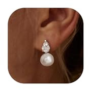 Fwlisesa Silver Pearl Drop Earrings for Women, Dainty Wedding Bridal Earrings Cute CZ Pearl Earrings for Women Trendy Hypoallergenic Unique Dangle Silver Drop Earrings Fashion Prom Jewelry Gifts