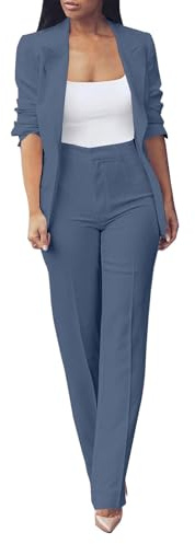 Women's Trouser Suits Plus Size Ladies 2 Piece Outfits Elegant Blazer Outfit Set Casual Button Dressy Formal Jacket and Elasticated Waist Trousers with Pockets for Business Work Office Light Blue