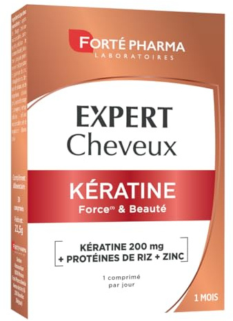 Forté Pharma - Expert Cheveux Kératine 200mg - Force & Beauté du cheveu - Cheveux fragiles - Complement alimentaire cheveux - Zinc, Protéines de riz - Protection stress oxydatif - 30 comprimés, 1/jour