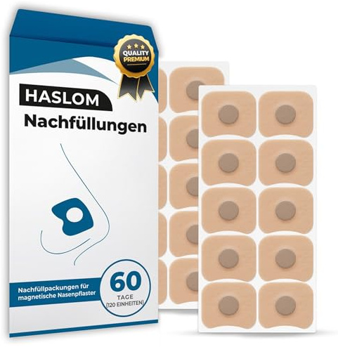 PREMIUM Magnetische Nasenpflaster Nachfüllpack – HASLOM - 120 Pflaster 60 Tage | EXTRA WIDERSTANDSFÄHIG: Hochwertige Qualität mit starkem Halt, schweiß- und wasserfest – ideal für Sport und Schlaf.