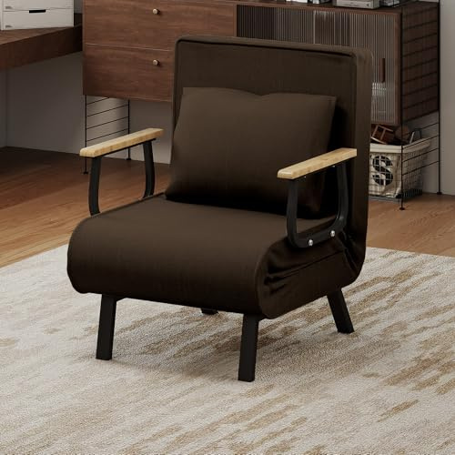 Fabulcozy Sofá Cama Convertible de 1 Plaza Sillón Cama Ajustable, Funda Extraíble Cojín Suave, Patas de Metal para Salón/Oficina (Marrón