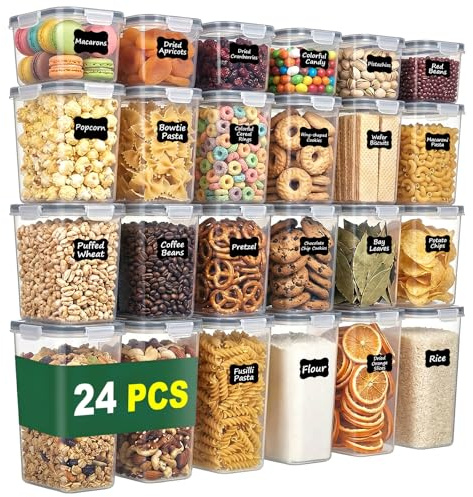 Contenitori ermetici per alimenti con coperchio, 24 pezzi, contenitori cucina impilabili senza BPA, barattoli per conservazione di farina, riso, pasta e cereali, per dispensa e organizzazione cucina