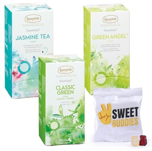 Ronnefeldt Tee 3er Mix (75 Teebeutel) – Grüner Tee Probierset für Entspannung & Energie - Classic Green Bio, Green Angel & Jasmine Tea + Sweet Buddies Fruchtgummis - Tee Set Box für Genießer