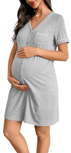 BLENCOT Women's Maternity Dress Summer Short Sleeve Button Down Soft Nursing/Labor/Delivery Nightgown Pregnancy Clothes to Postpartum Wear with Pockets Light Grey M