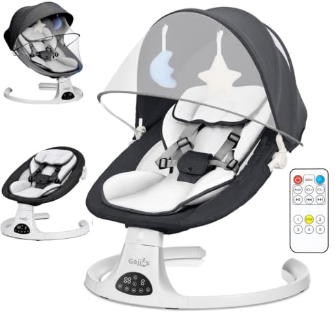 Baby Bouncer, Portable Electric Baby Swing with Bluetooth, 5 Swing Speed, 3-Stage Timer, 5-Point Harness, Remote Control & Touch Panel, Bouncer from Birth with 2 Soft Toys & Soft Pillow (Black)