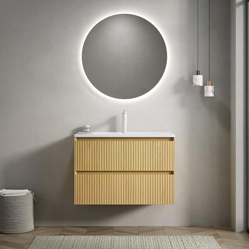 75cm Wandmontierter Badezimmer-Waschtisch mit Weißem Rechteckigem Keramik-Unterbauwaschbecken, Gestreifter Sperrholzschrank mit 2 Schubladen, Vormontiert, Collora Holzmaserung Farbe, Badezimmer