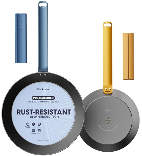 stackbear Carbon Steel Frying Pan Set 20 & 25 cm, Nitrided Carbon Steel Skillet Duo, Preseasoned Rust Resistant Cookware, Induction & Oven Safe Kitchen Cooking Pans
