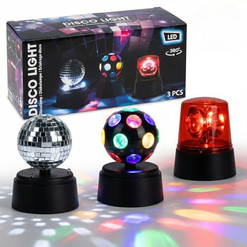 MIJOMA 3er LED-Partylicht-Set – rotierender Discoeffekt, Spiegelreflex und Warnleuchte – batteriebetrieben aus PP – für Geburtstag, Halloween, Mottoabend