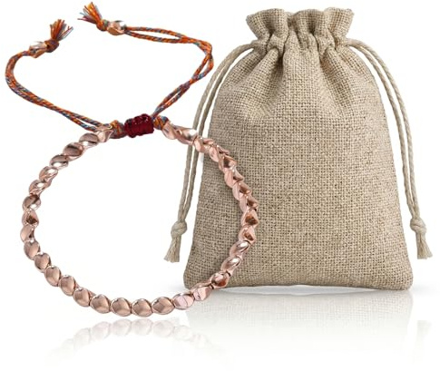 RhiVrillion Bracciale Tibetano in Rame Puro Fatto a Mano, Bracciale Regolabile con Perline in Rame per Uomo Donna, Gioiello Portafortuna in Elegante Confezione Regalo e Sacchetto di Iuta, 16-26 cm