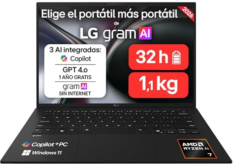 LG gram 14Z95U-G.AU85BN - Ordenador Portátil Ultraligero de 14 Ryzen AI 7 450, 3 GB RAM, 1 TB SSD, AMD Radeon Graphics, IPS Antirreflejo, 1120g, 32 h, Windows 11, Teclado ES, Negro carbón