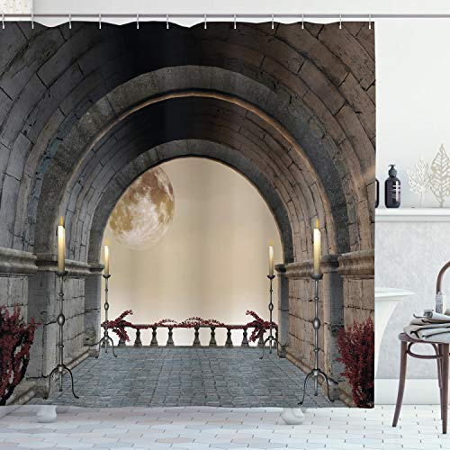 ABAKUHAUS gótico Cortina de Baño, Balcón de la Edad Media, Material Resistente al Agua Durable Estampa Digital, 175 x 200 cm, Gris
