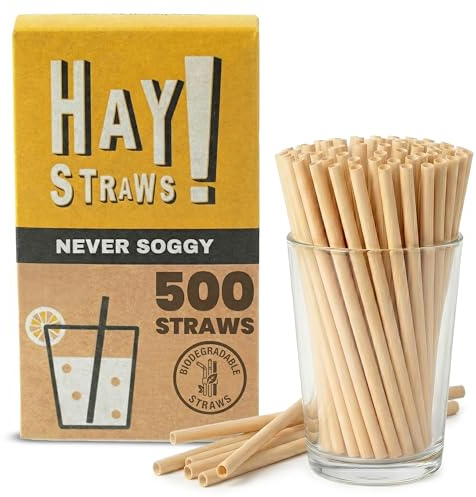 HAY! Straws® 5” Cocktail Straws | 500ct Disposable Natural Wheat Stem Straws | 100% Biodegradable, Compostable | Never Soggy, Neutral Taste | Durable, Gluten-Free, Plastic-Free