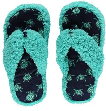 Lazy One Spa Flip-Flop Slippers for Women, Fuzzy House Slippers, Tutrtle (Large/X-Large)