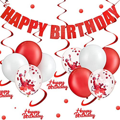 Set di 17 Decorazioni Happy Birthday Banner di Compleanno Happy Birthday Turbinii Appesi Palloncini in Lattice Coriandoli Palloncino con Paillettes per Compleanno (Rosso e Bianco)