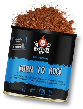 ROCK'N'RUBS® - Korn To Rock | Würzmischung mit in fassgereiftem 1860 Korn eingelegtem Pfeffer | Gewürzdose, 130 g