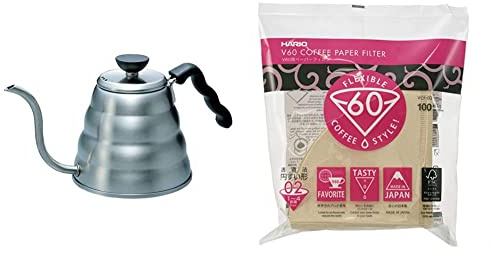 HARIO V60 Buono Drip Large Stovetop Stainless-Steel Gooseneck Pour-Over Kettle, 1.2 Litre & V60 Filter Papers - Paper Coffee Filters for V60 Dripper, Compatible with Size 02, Natural, 100 Pack
