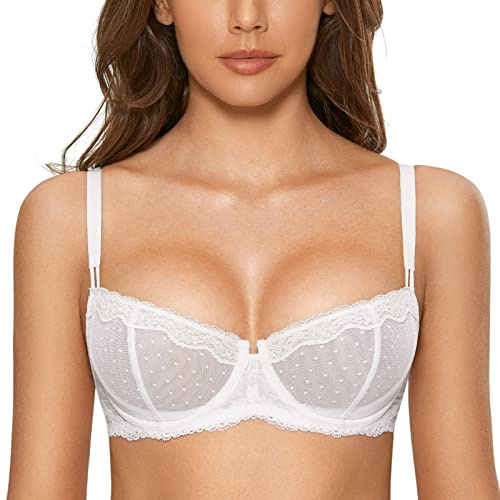 DOBREVA Women's Sheer Lace Bra Underwire Balconette White 36C