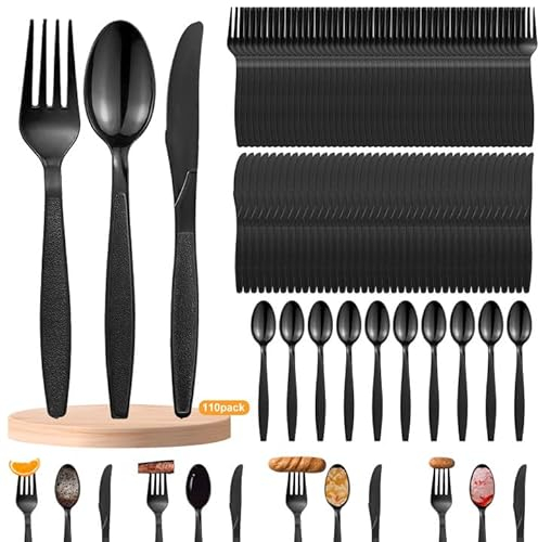 Set di 110 posate in plastica nera Joyseedi, incluse forchette, cucchiai, coltelli, per feste di famiglia, cene all'aperto, stoviglie