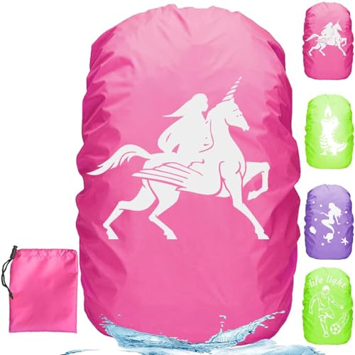 Regenschutz für Rucksack Schulranzen 30-40L, Einhorn Regenhülle Schulranzen mit Reflektorstreifen, Rosa Rucksack Schutzhülle für Kinder auf dem Schulweg und Outdoor-Nacht-Wandern bei Regen und Schnee
