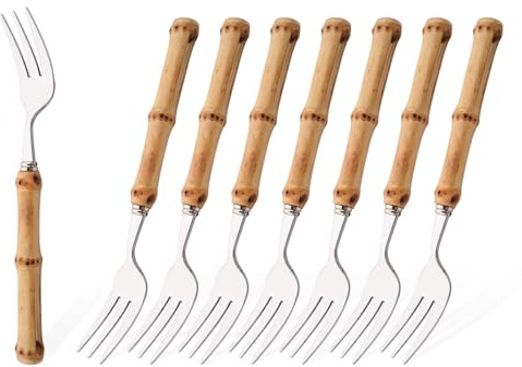 Uniturcky 8 PCS Small Fork, 6.3 Inches Stainless Steel Dessert Forks with Bamboo Handle, Kitchen Flatware Cutlery Set, Use for Tasting Cakes Fruits and Appetizer, Mirror Polished