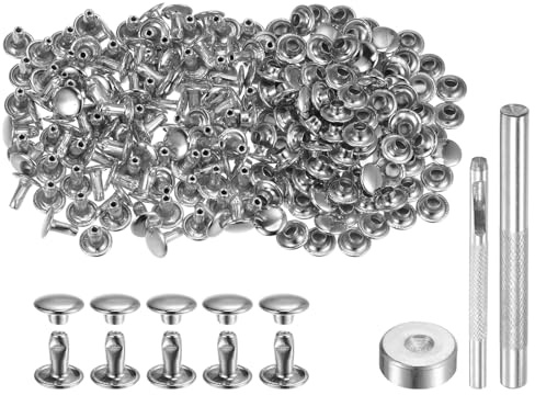 QUARKZMAN 100 Juegos de Remaches de Cuero de 8 x 8 mm, Remaches de Metal de Doble Tapa, Broches de Presión, Sujetadores con 3 Herramientas de Instalación, Tono Plateado