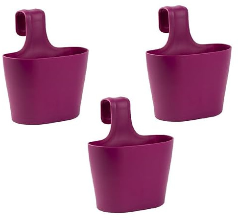 Engelland 3 x Blumentopf zum Auf-Hängen, Geländertopf, Lila, Hängetopf, Balkon-Kasten, oval, Übertopf, Pflanzkasten, mit Wasserspeicher/Wasserauffangschale, 2,8 Liter