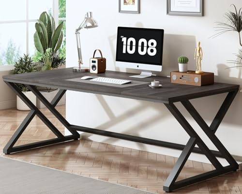 HSH 180x80 cm Dunkelgrauer Schreibtisch PC Tisch Holz Metall Homeoffice | Holz Metall Konstruktion als Büromöbel der Schreibtisch Groß Bietet Breite Fläche für Zwei Personen im HomeOffice Büro