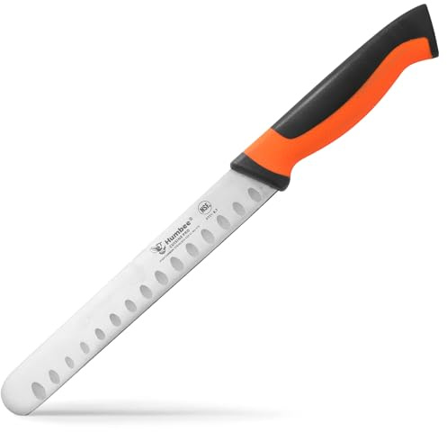Humbee 8-Inch Chef Carving Knife with Granton Edge for Slicing Turkey Ham and Meat | NSF Certified | German Stainless Steel Blade | Dishwasher Safe Ergonomic Handle, DT-21 Series, Orange