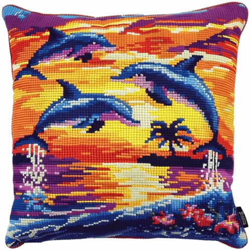DIY knüpfen set anfänger Springender Delphin knüpfkissen mit vordruck Wasserlebewesen Kissenbezug zum Selbermachen für Anfänger und Erwachsene，Geschenke für Familie，Freunde，Handarbeiten 43x43cm