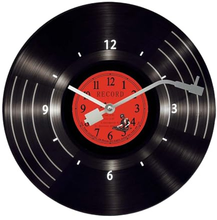 Altsuceser Orologio da parete retrò a forma di disco vinile con tema musicale, decorazione retrò per camera, funzionamento silenzioso, orologio elettronico a batteria, rosso