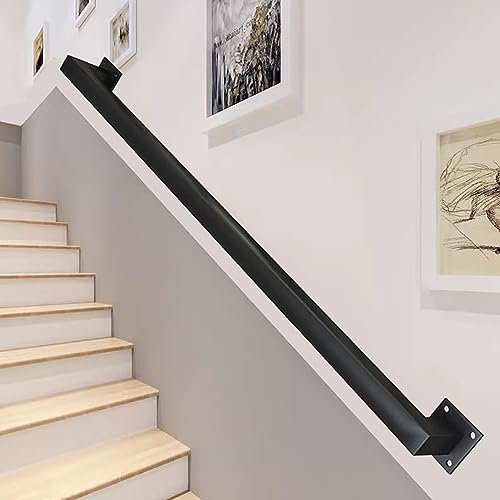 Schwarzer Metall-Handlauf aus Schmiedeeisen für Treppenhaus, 2,5 m, rutschfester Haltegriff mit Wandgeländer-Fußschiene und Treppengeländerstütze
