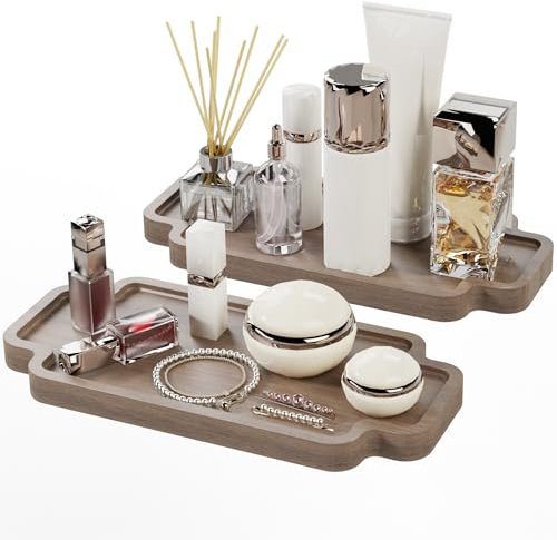 Yawinhe 2 Stück Badezimmertablett, Schmuck Tablett Kosmetisch Organizer Vanity Ablage Schale Deko Platte, für Waschtisch Badewanne Küchenspüle und Toilette, 30x12.5x2cm, Farbe Walnuss