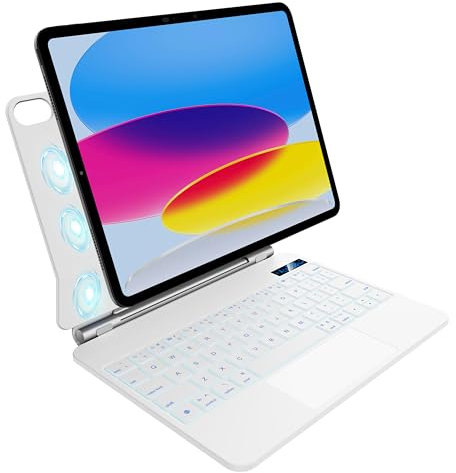 pankeybd Keyboard Case for iPad A16 2025 and iPad 10th Generation 2022, 7 Colour Backlit, Multi-Touch Trackpad, Floating Magnetic Design, White