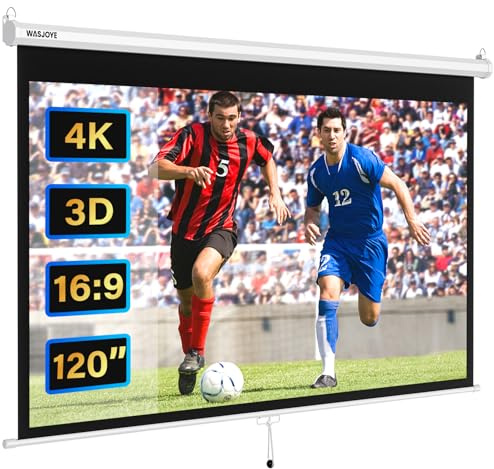 WASJOYE Manual Pull-Down Projector Screen - Universal 120-inch Roll-Down Retractable Manual Projection Screen w/Auto-Locking, Adjustable Screen Height, Black Masking Border