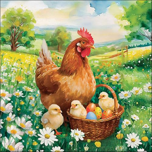 20 Servietten Ostern Henne am Korb mit Küken als Tischdeko. Papierservietten mit Motiv. Auch für Decoupage und Serviettentechnik 33x33cm