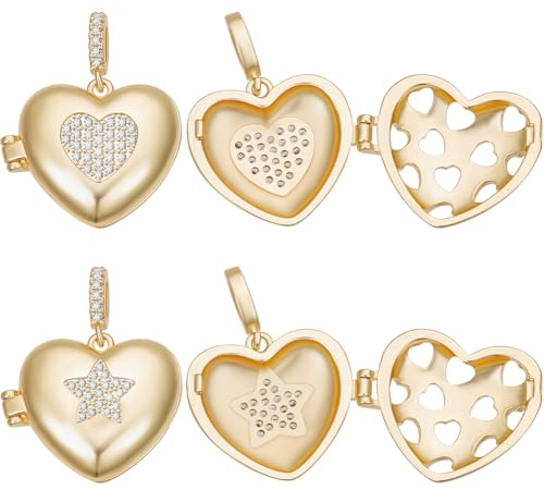 Beebeecraft 1 Box Mit 6 Herz Medaillon Anhängern Aus Echtem 18 Karat Vergoldetem Messing Mit Stern Und Zirkonia Offene Gedenk Bilderrahmen Charm Anhänger Zur Schmuckherstellung Charm Halsketten