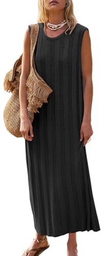 Fisoew Vestido largo de verano para mujer, sin mangas, con tirantes, de punto con cuello redondo y tejido acanalado, estilo playero, Negro , S