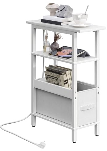 MAHANCRIS Beistelltisch mit Ladestation, Nachttisch mit Herausnehmbarer Schublade, Kleiner Couchtisch für begrenzten Platz, Schlafzimmer, Wohnzimmer, Büro, Weiß AETBW125UE01